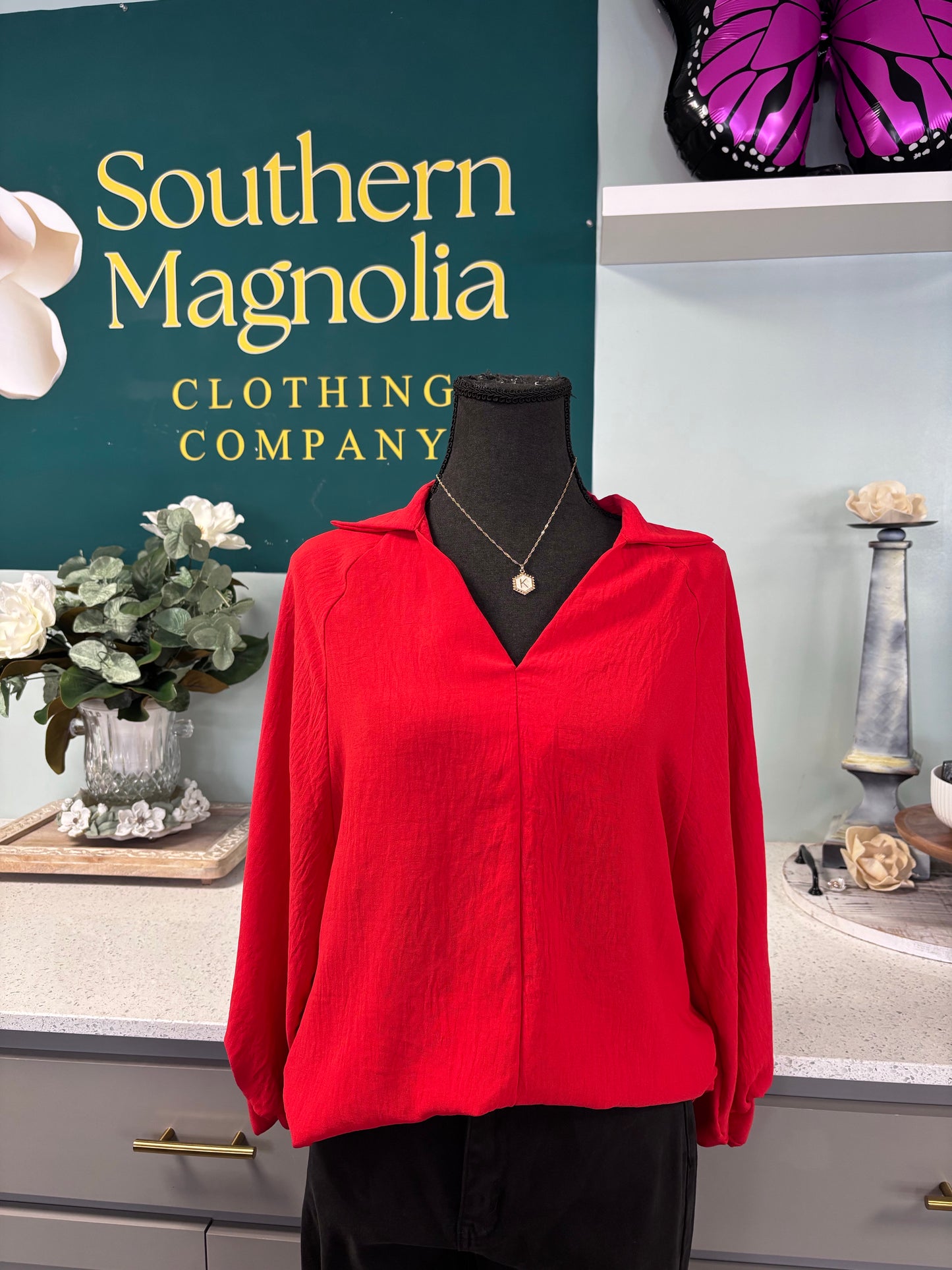 red collared blouse