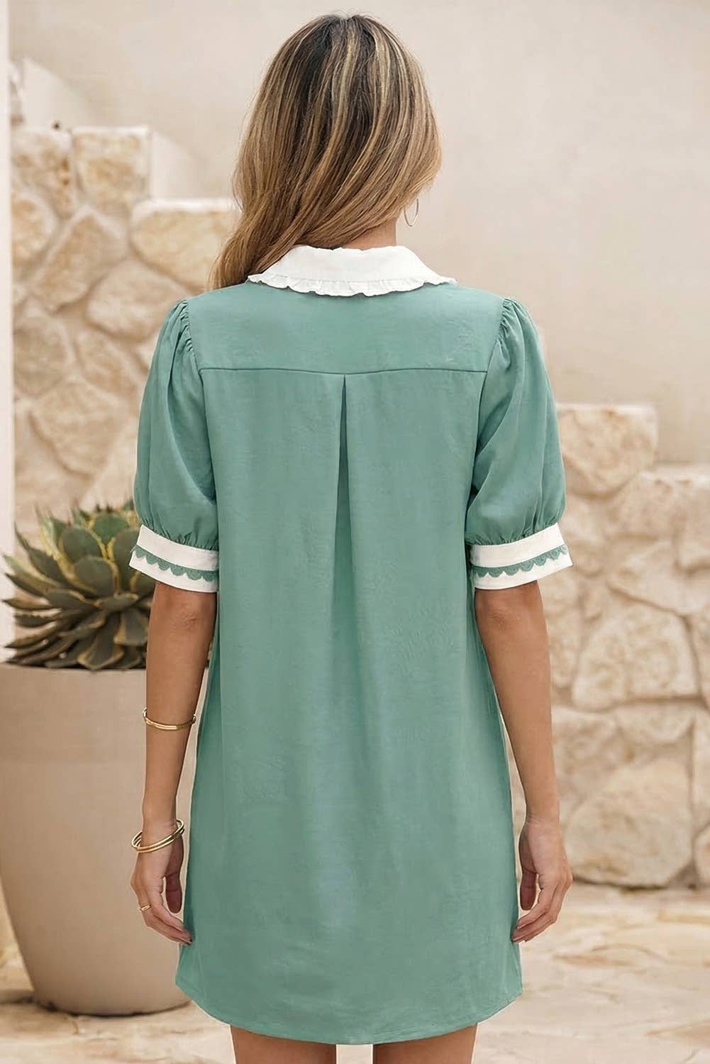 Colorblock Cotton Puff Sleeve Mini Dress