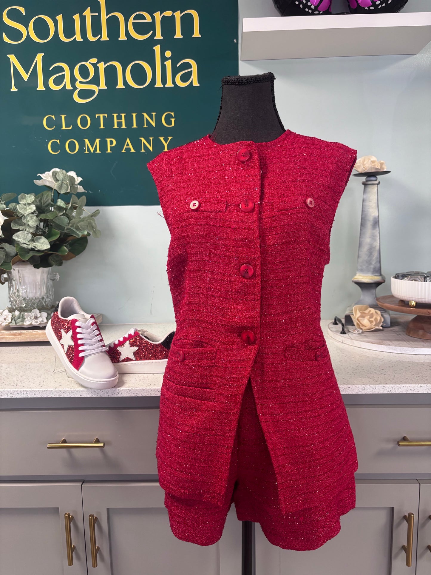 red tweed vest set