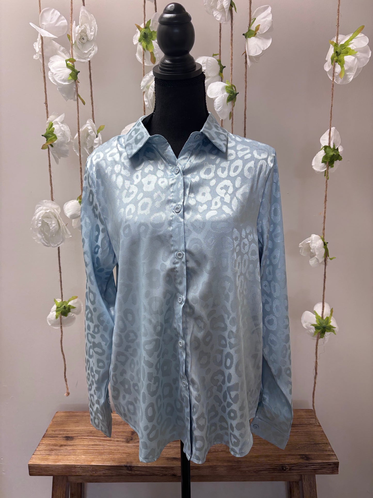 blue leopard long sleeve blouse