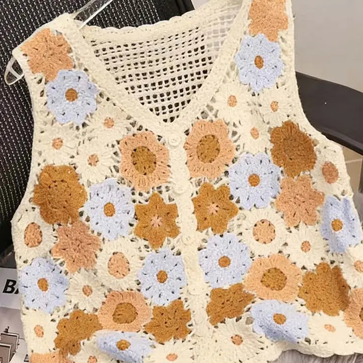 Orange Floral Crochet Vest
