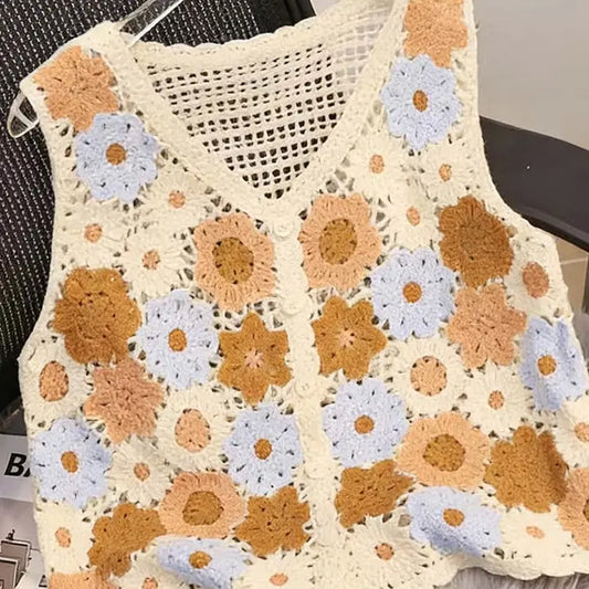 Orange Floral Crochet Vest