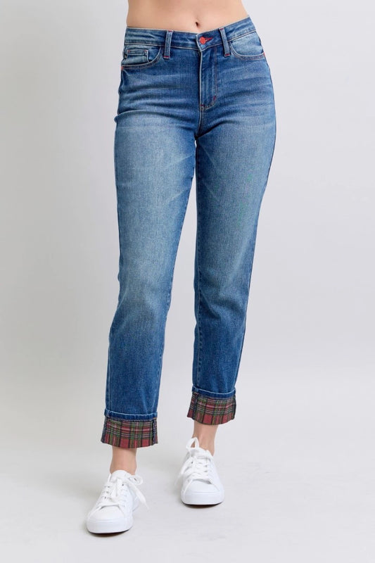 Plaid Print Cuff Jeans