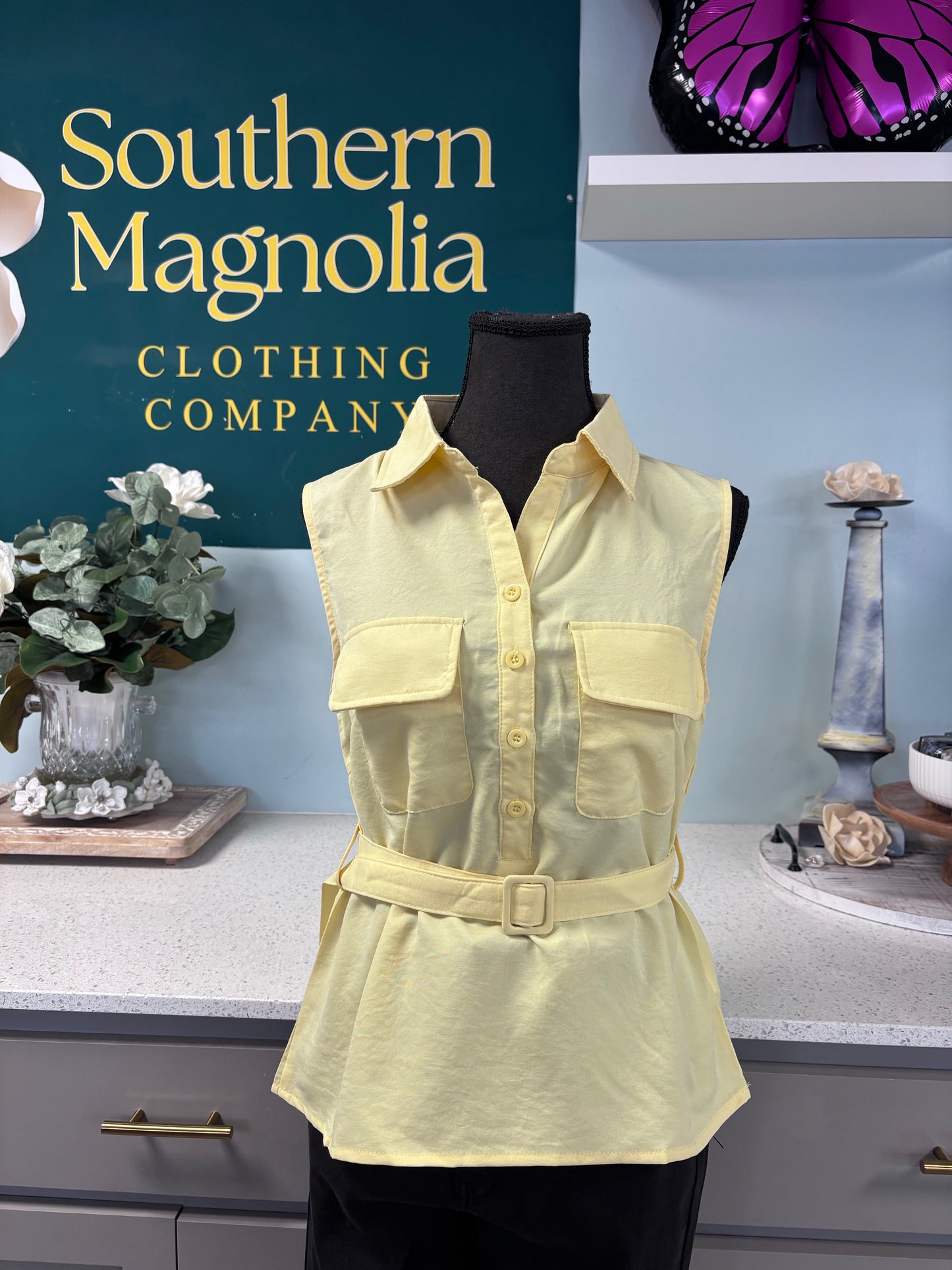 yellow belted button up shirt