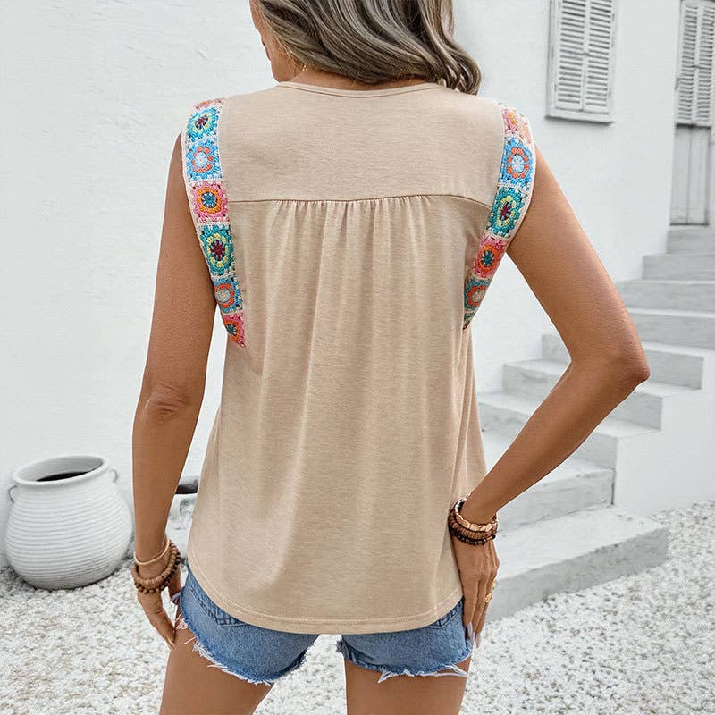 Sleeveless Scoop Neck Tank with Crochet Straps
