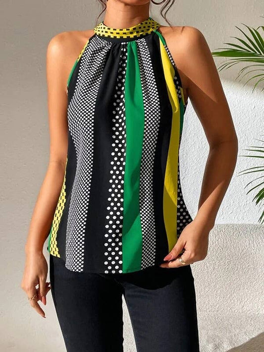 Halter Neck Mixed Print Sleeveless Blouse