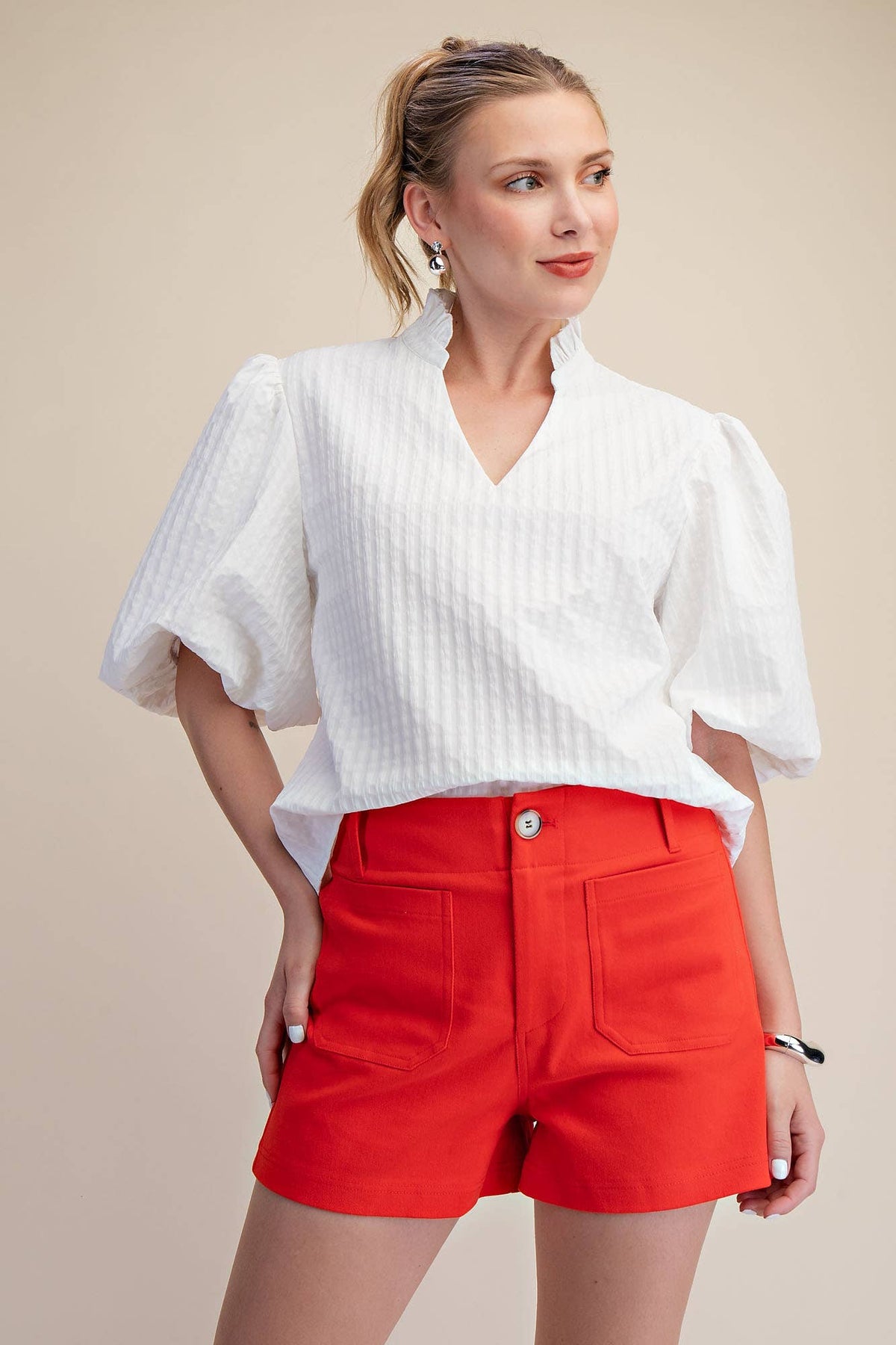 Stretch Shorts High Waist Front Pocket- Red