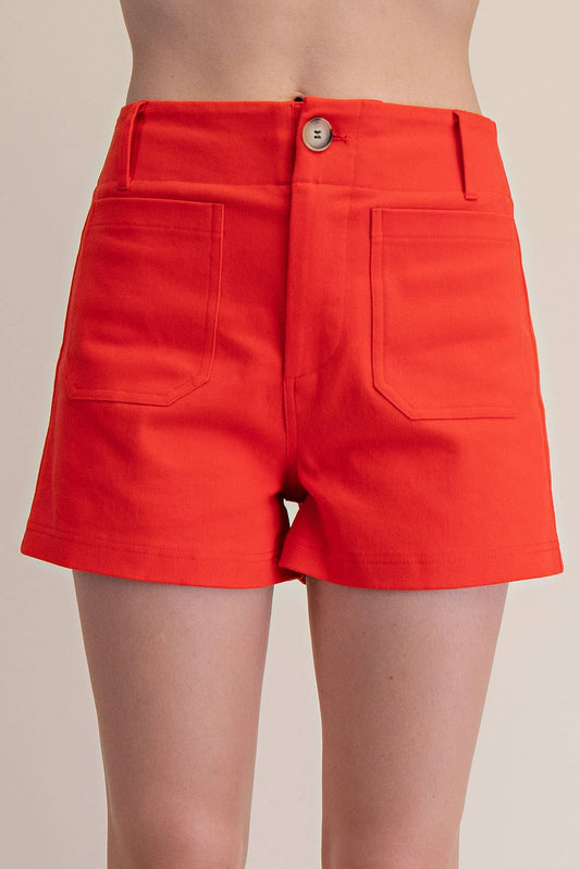 Stretch Shorts High Waist Front Pocket- Red