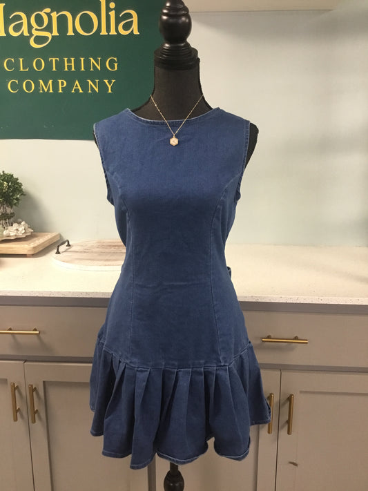 sleeveless pleated denim dress