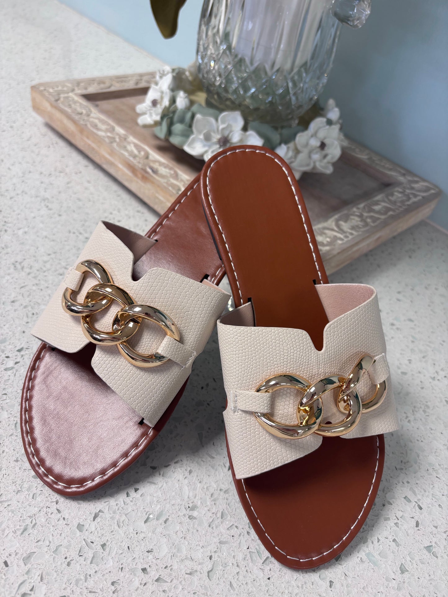 cream leather flat sandals
