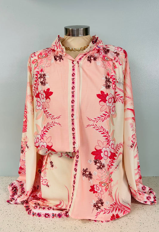 Pink Floral Button Down Set