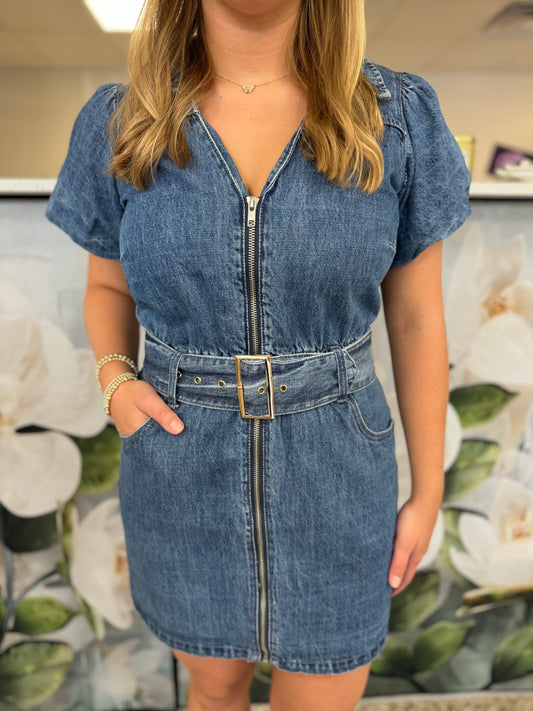 Puff Sleeve Denim Belted Dress