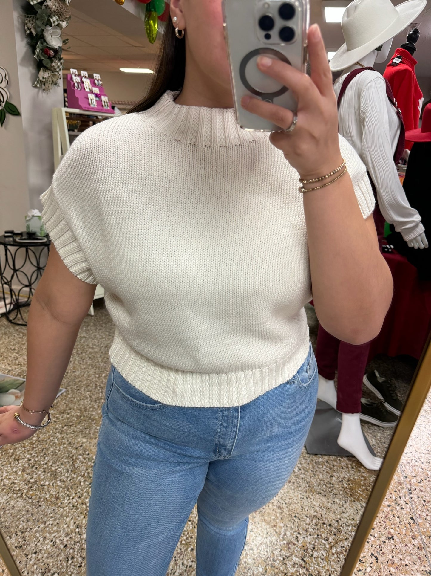 Ivory Mock Neck Cropped Short Sleeve Sweater