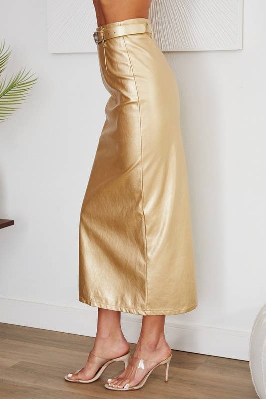 gold midi skirt with belt