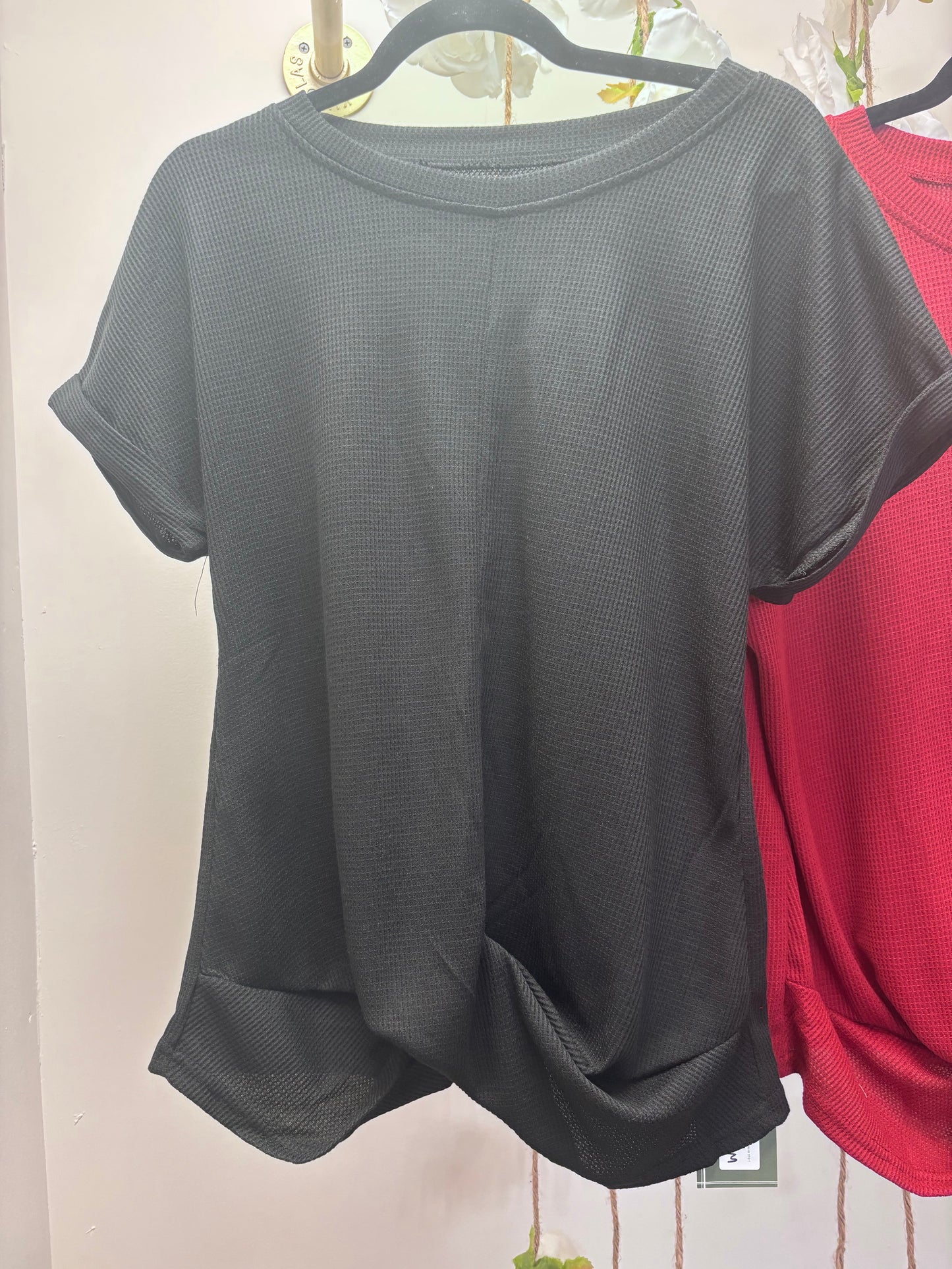 solid round neck twist short sleeve shirt