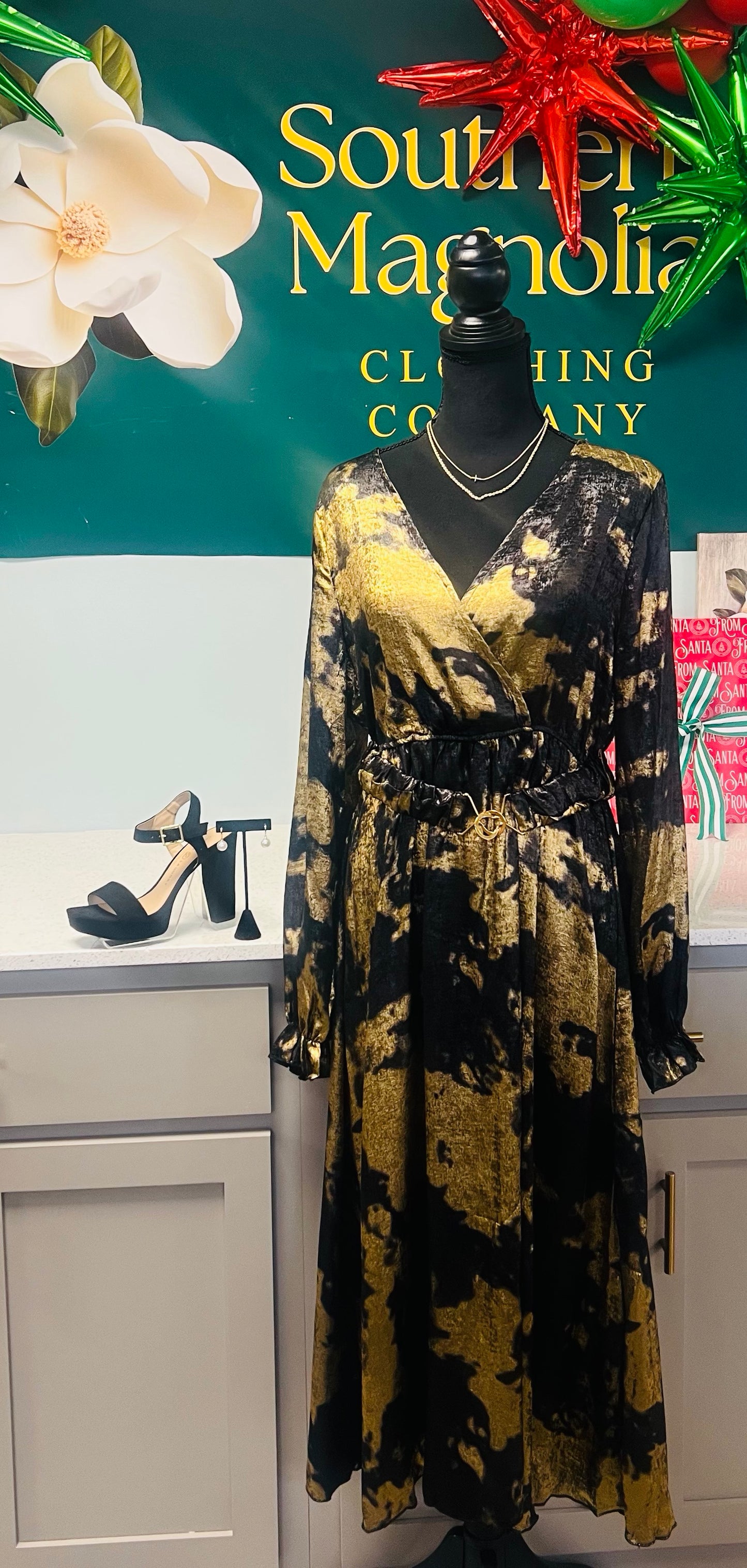 Black & Gold Long Dress with Belt