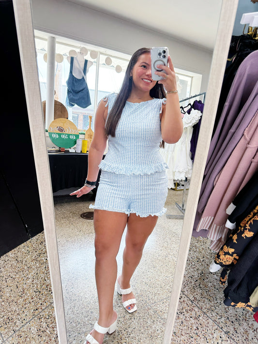 Light Blue Gingham Eyelet Ruffle Top Shortset