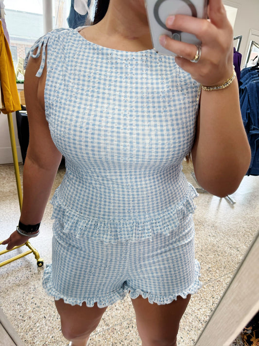 Light Blue Gingham Eyelet Ruffle Top Shortset