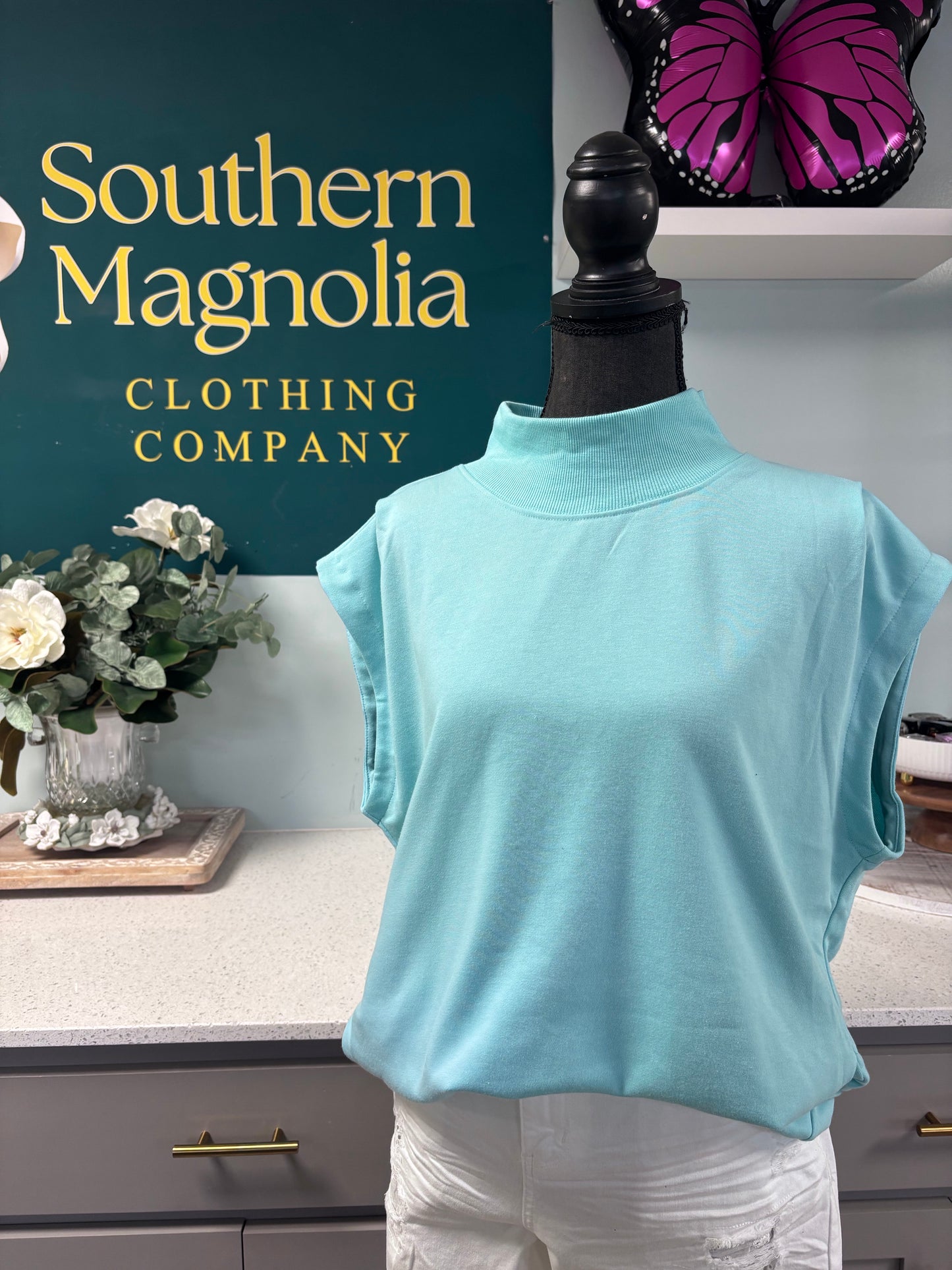 Aqua Sleeveless Mockneck