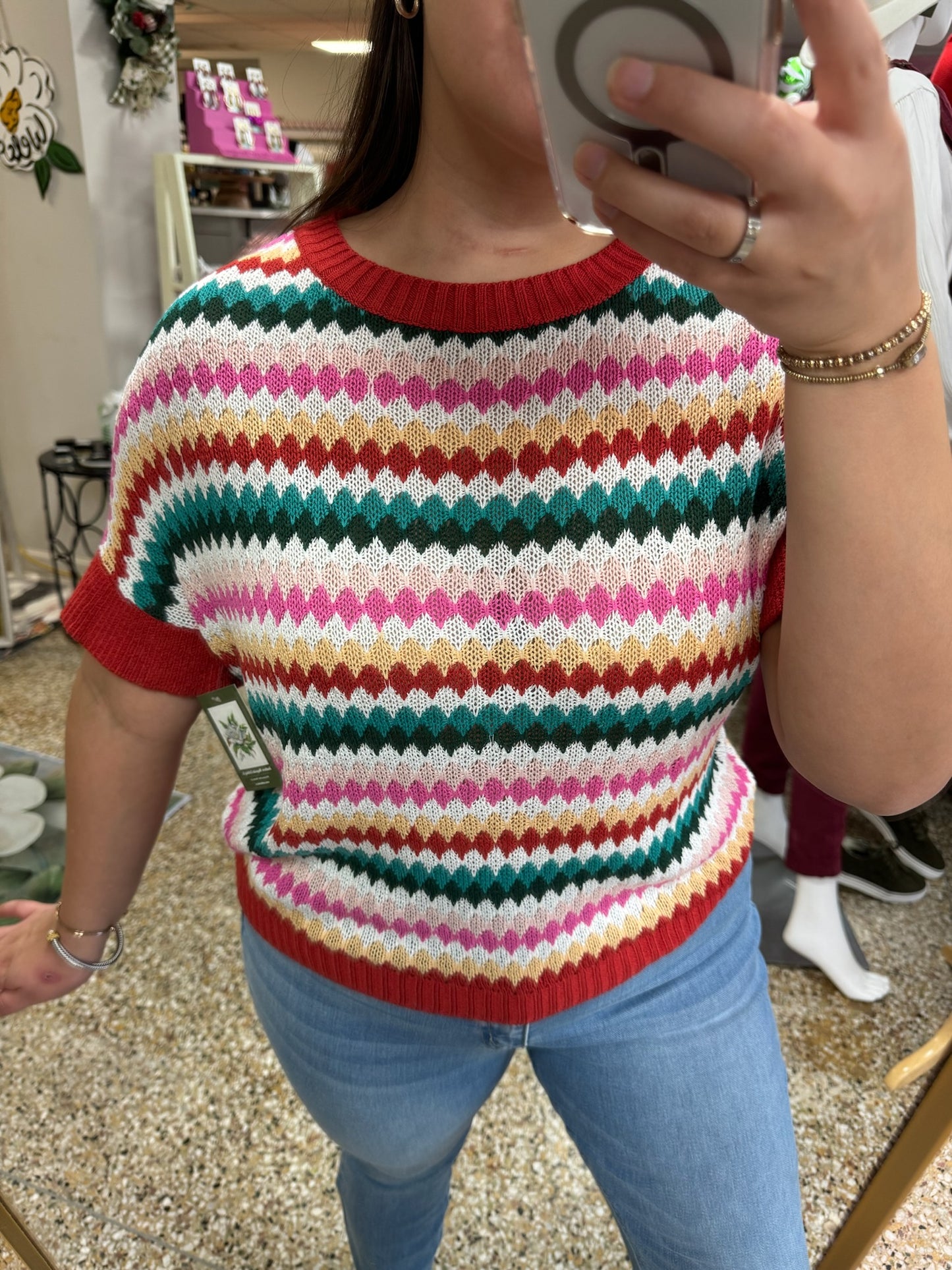 Trimmed Ruffle Sleeve Colorful Textured Sweater