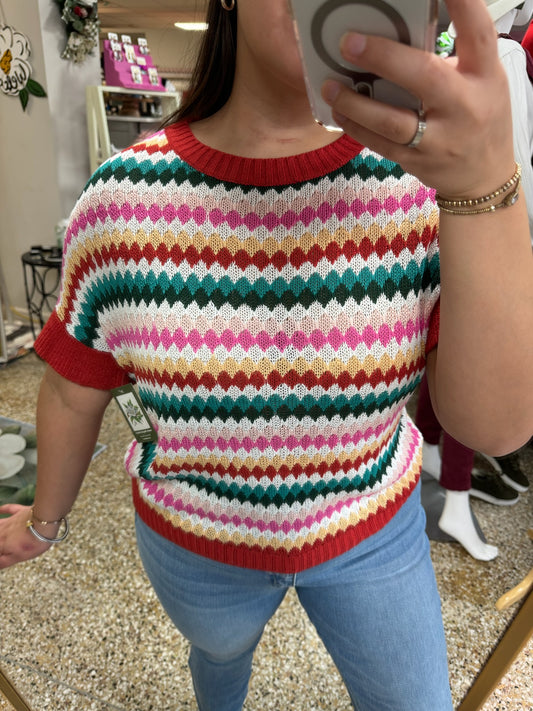 Trimmed Ruffle Sleeve Colorful Textured Sweater