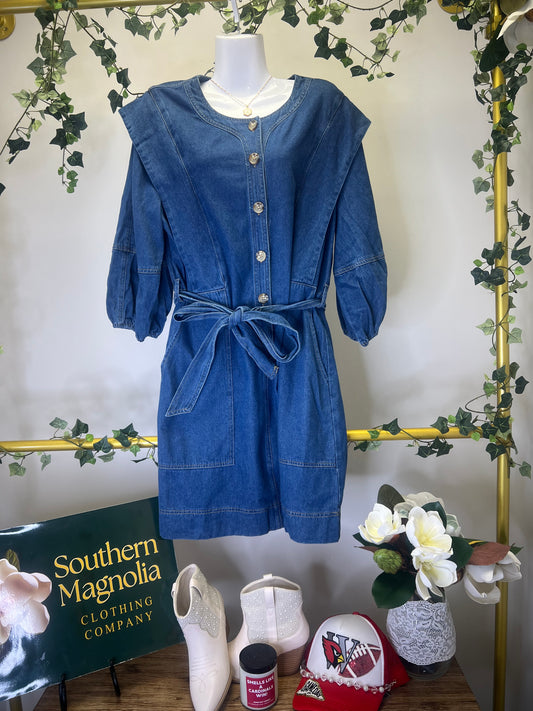 Button Down Denim Dress with Pockets and Belt