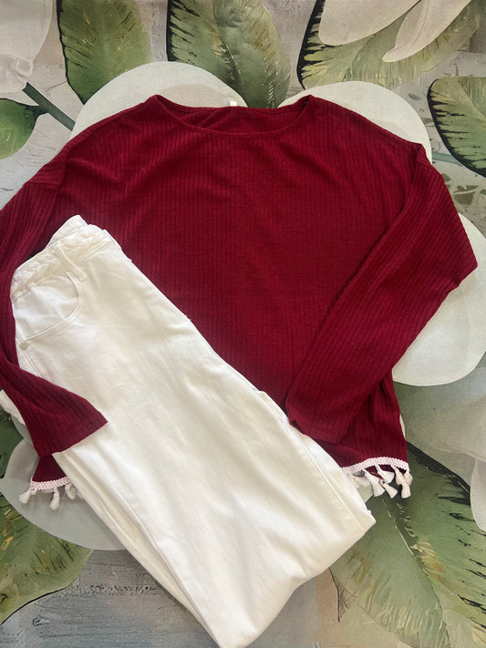 Red Long Sleeve Shirt With White Tassels