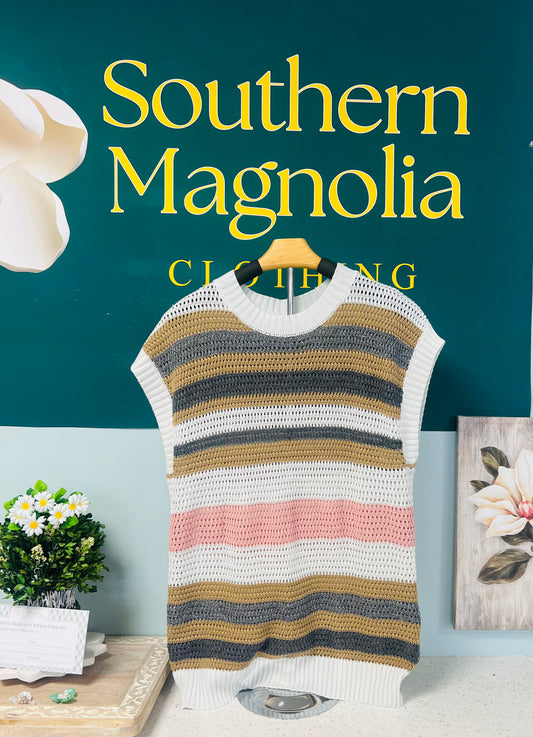 Striped Short Sleeve Knit Sweater