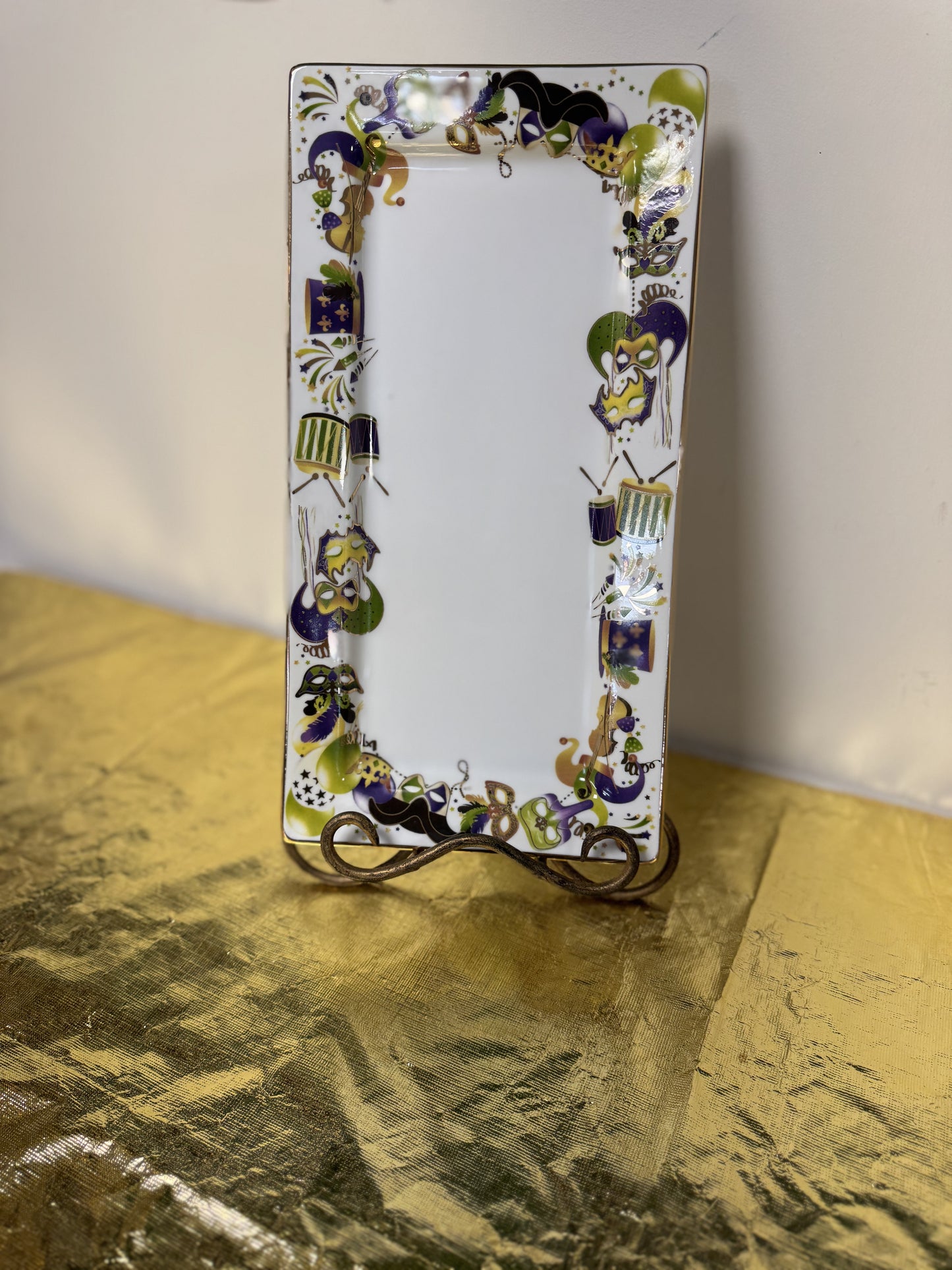 White Rectangle Tray with Mardi Gras Design