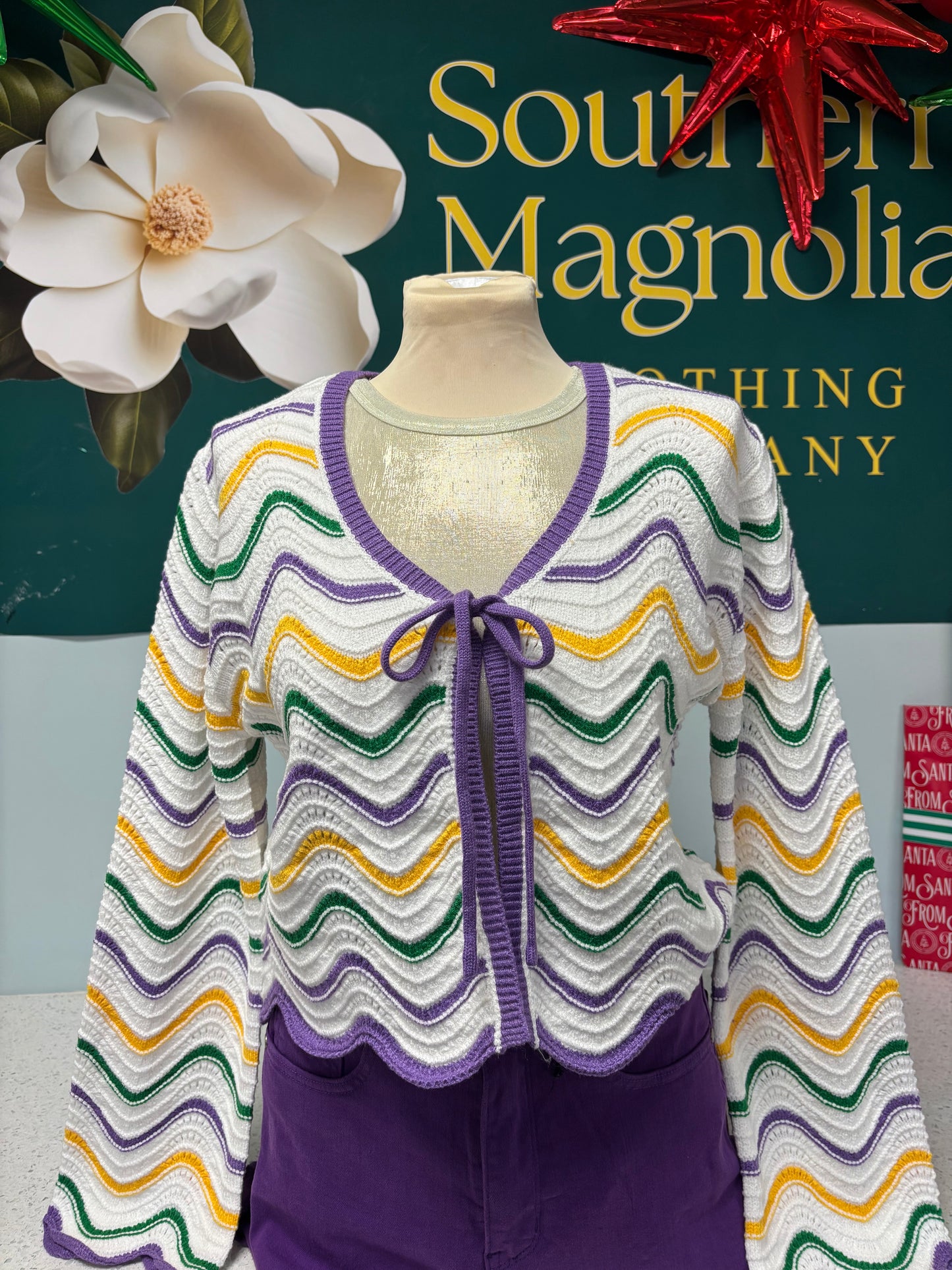 Mardi gras tie cardigan