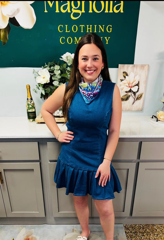 sleeveless pleated denim dress