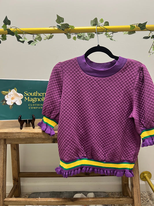 Mardi Gras Knit Puff Sleeves Top