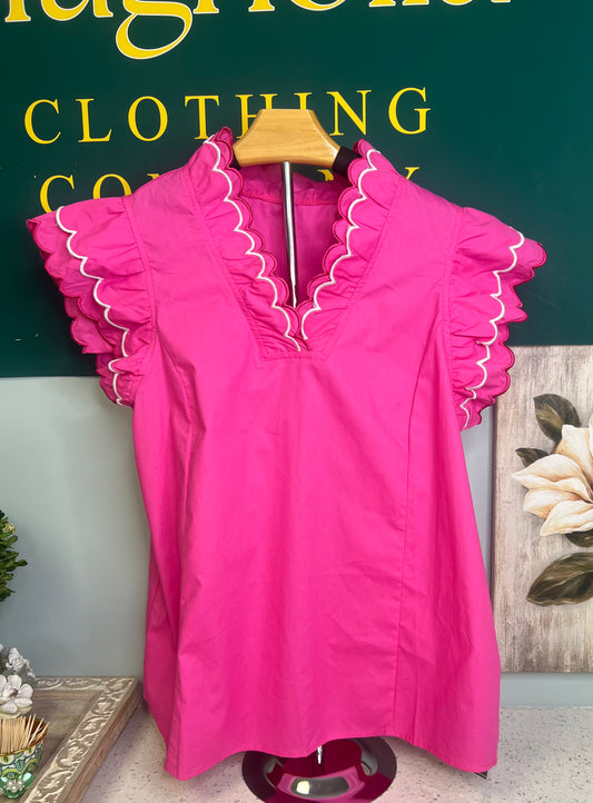 Scallop Trim Layered Short Sleeve Neck Blouse