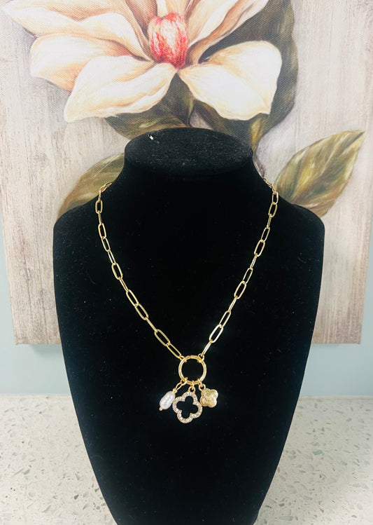 Crystal Quatrefoil and Pearl Charm Necklace  16"+ 3"