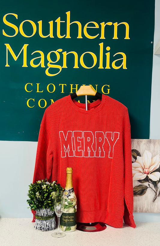 Red Ripped "Merry" Bubble letter Sweater