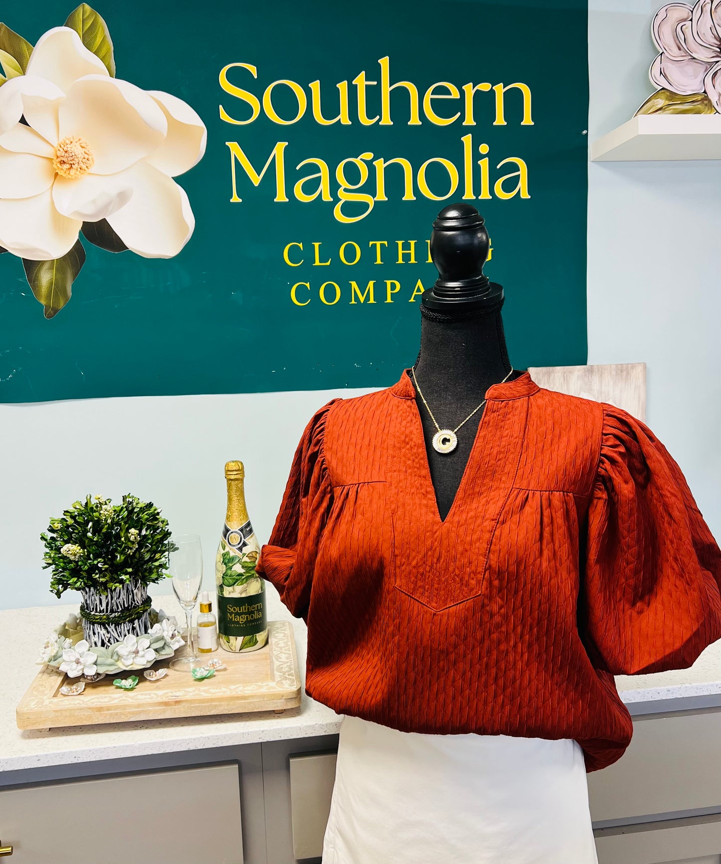 Rust Texture Puff Sleeve Blouse