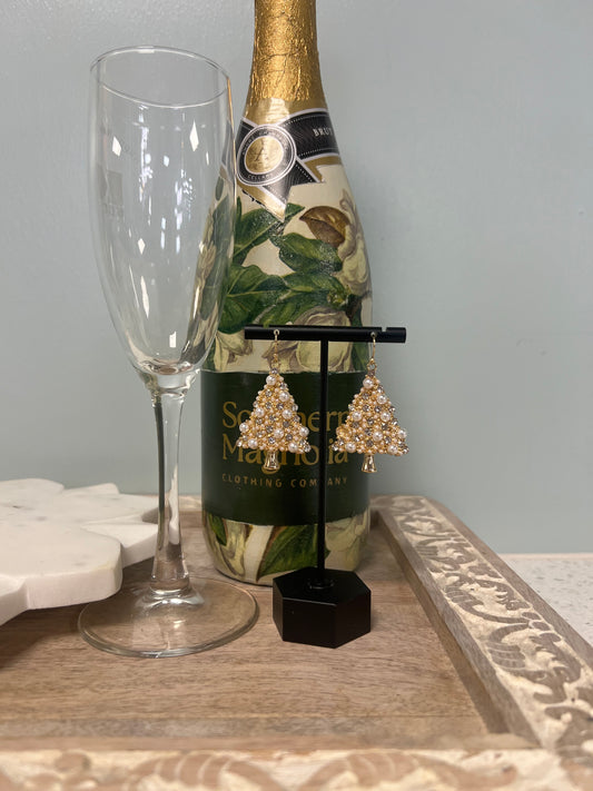 Gold Christmas Tree With Pearls 1.75" Earring