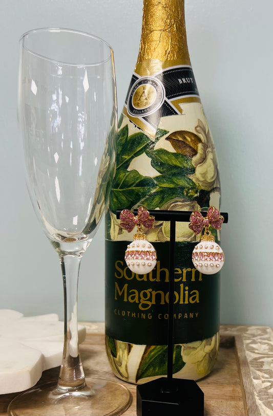 Pink & White Rhinestone Bow & Ornament Christmas 1.5" Earring