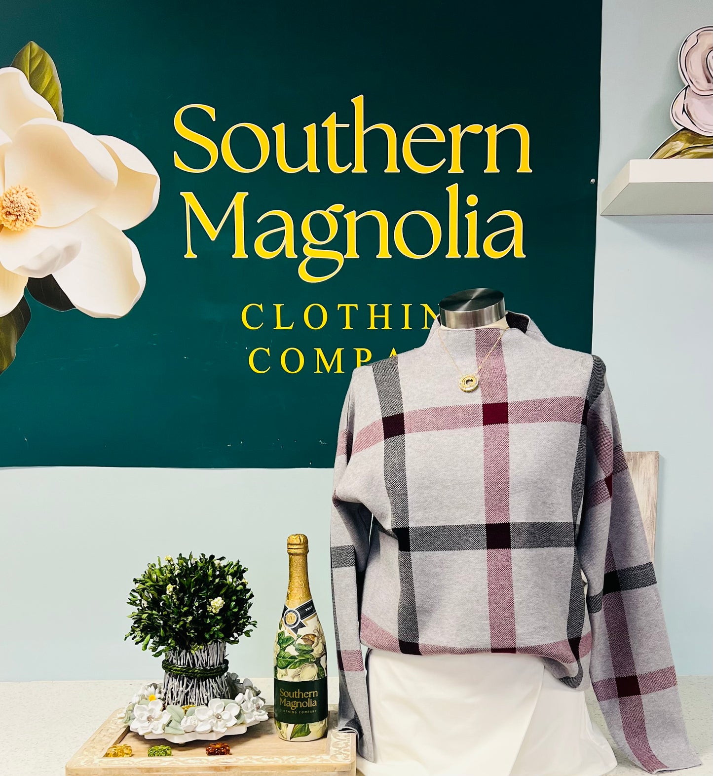 H. Grey Checker, Mock Neck, Sweater