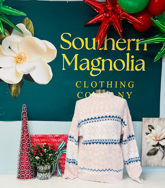 Pink Christmas Snowflake Knit Semi-High Neck Sweater