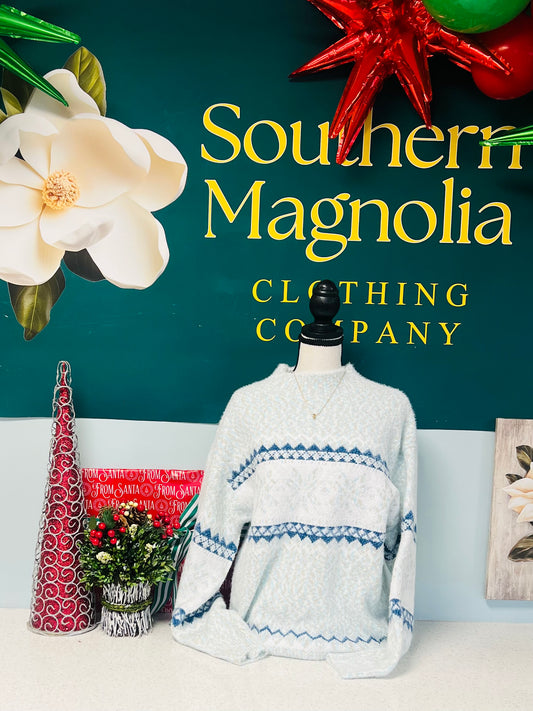 Blue Christmas Snowflake Knit Semi-High Neck Sweater