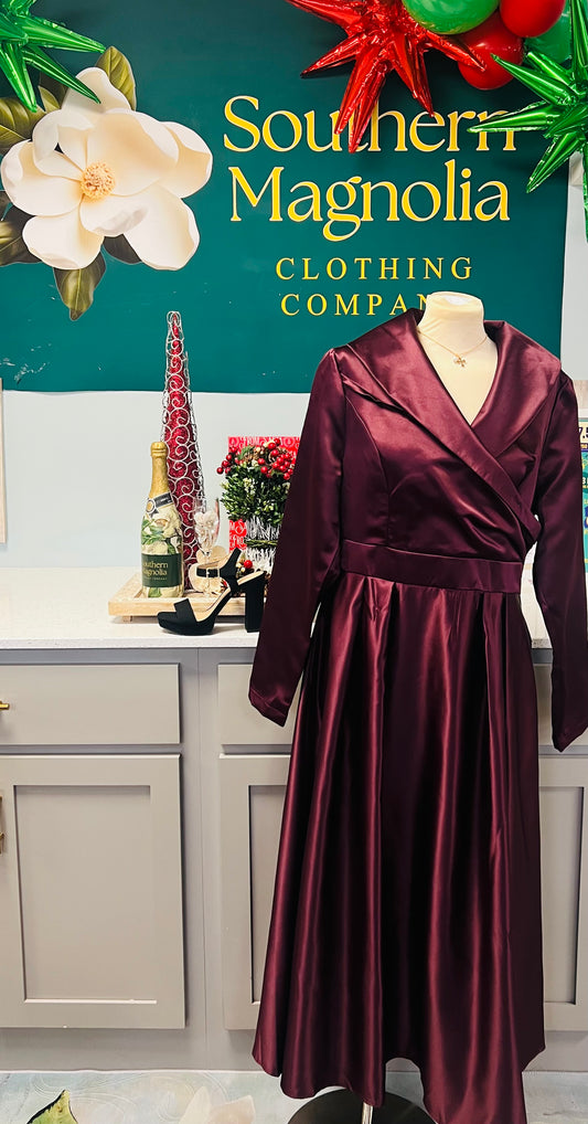 Belted Satin V Neck Long Sleeve Midi Dress