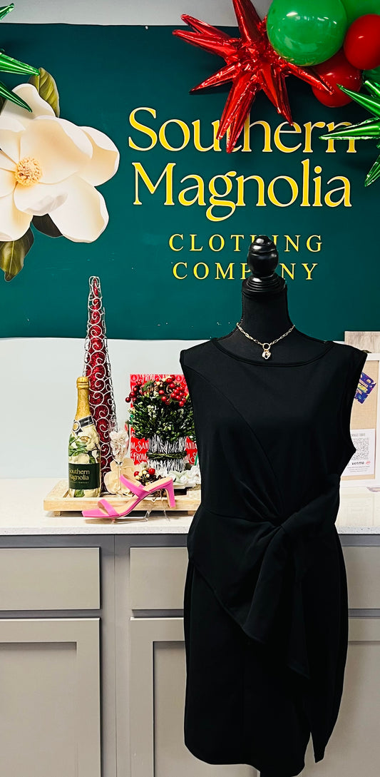 Bow Detail Solid Black Mini Dress