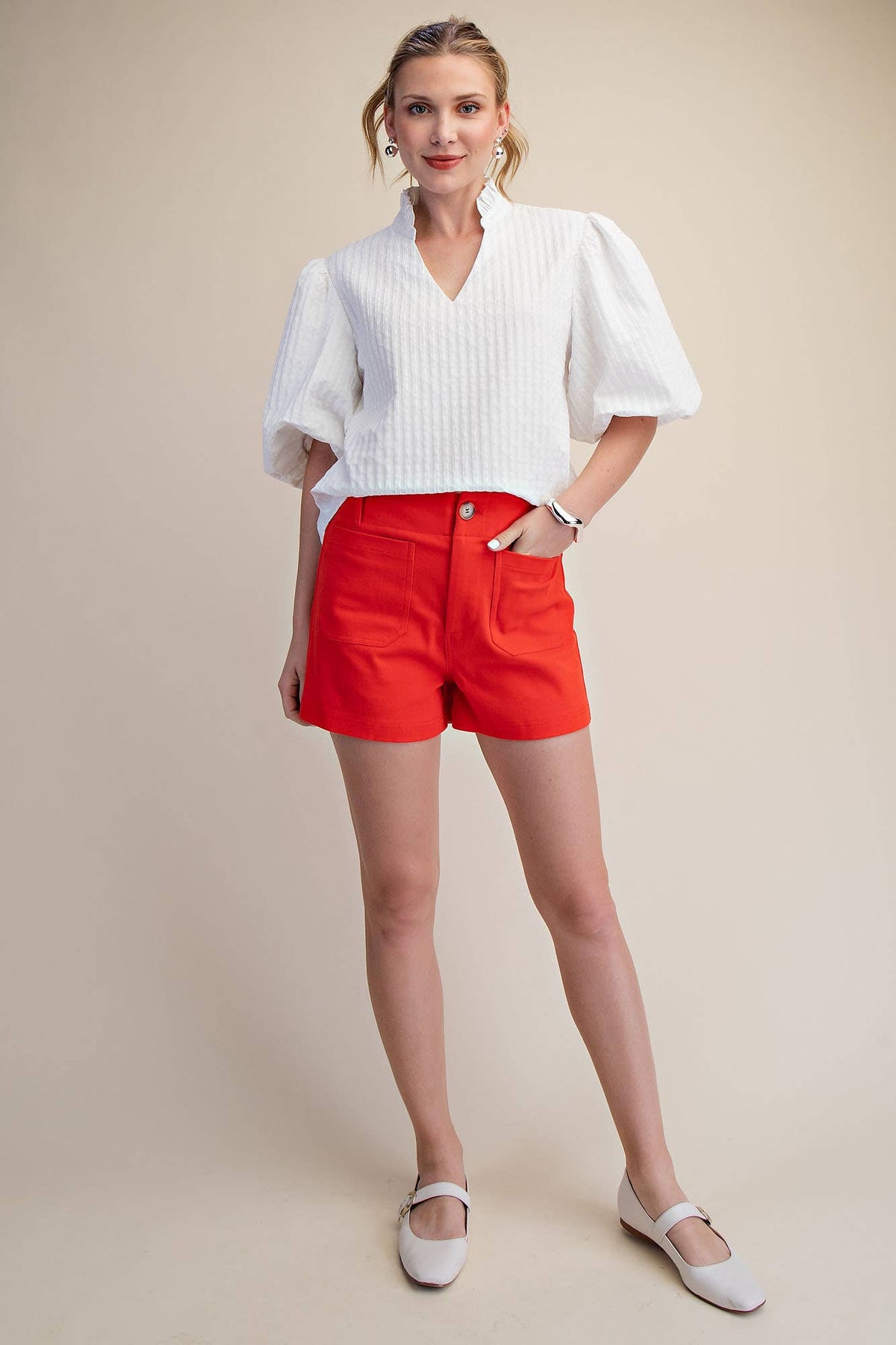 Stretch Shorts High Waist Front Pocket- Red