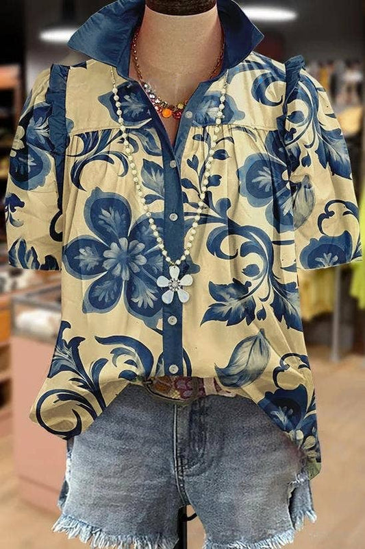 Spring Floral Printed Ruffle Blouse