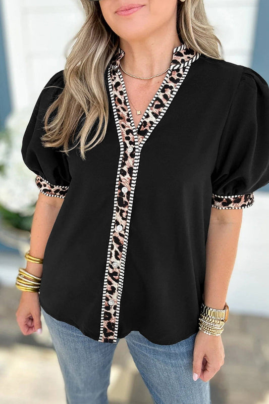 Black V Neck Puff Sleeve Shirt